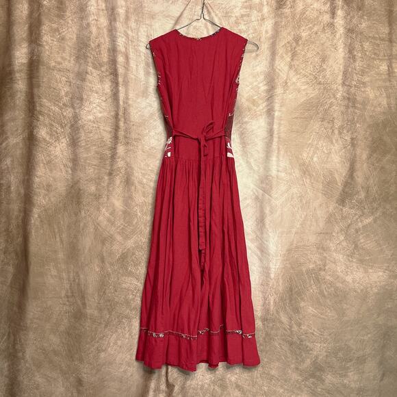 Vintage 90s Jing Gu Zhai Floral Patchwork Fit & Flare Maxi Dress Sleeveless Red - Picture 3 of 8